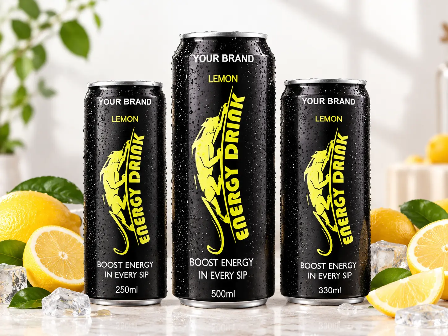 ENERGY DRINK Lemon flavour in 250ml, 500ml and 330ml cans.